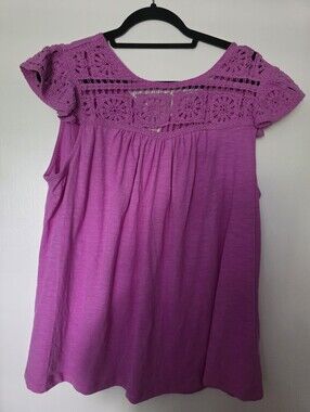 Crochet Yoke Short Sleeve Tunic Top - Pink